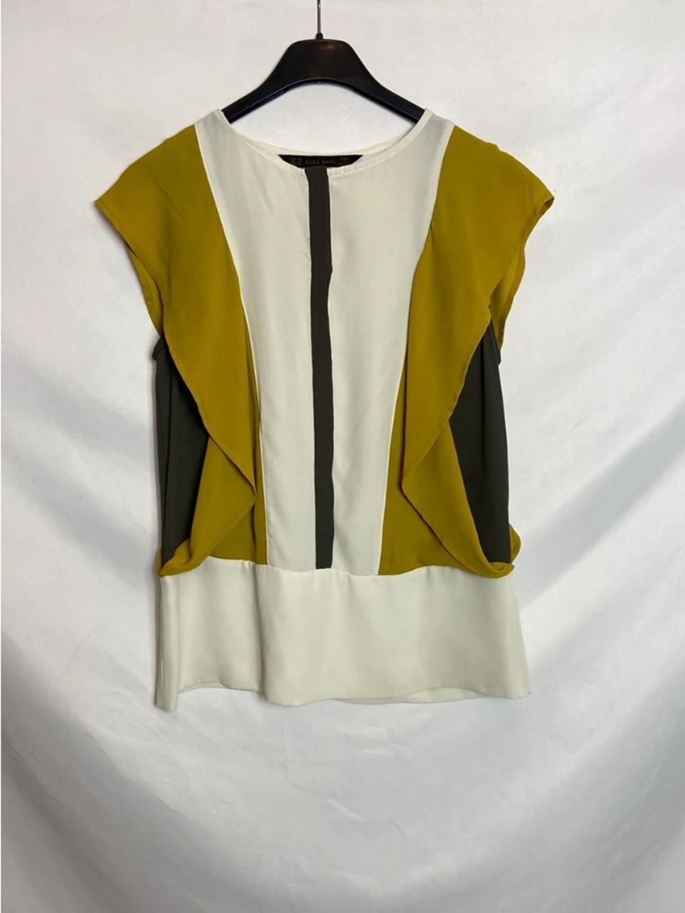 Zara White, Olive & Black Ruffle-Panel Sleeveless Blouse
